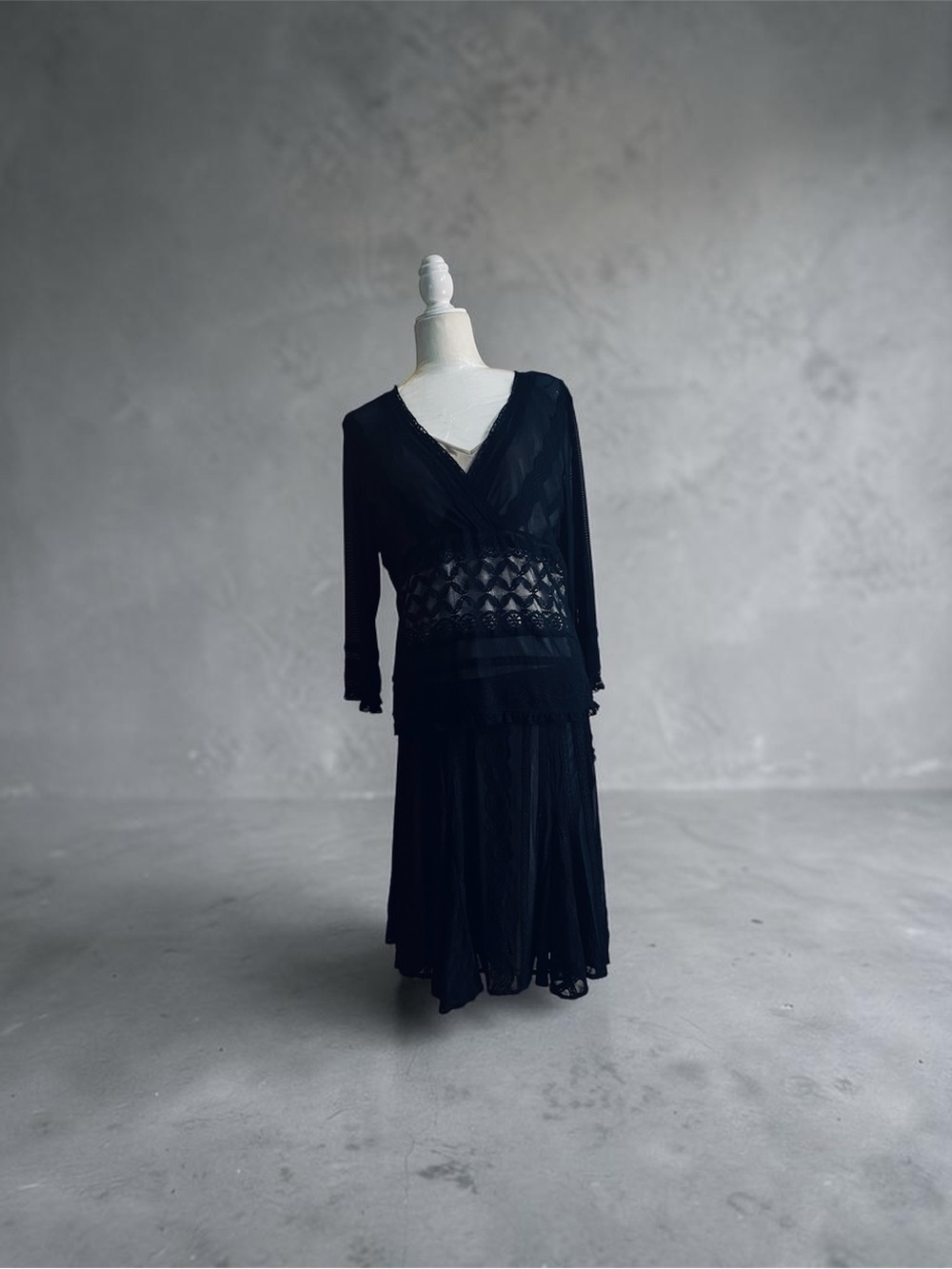 dressbarn Collection Black V-Neck Long Sleeve Lace Panel Three Piece Skirt Set.